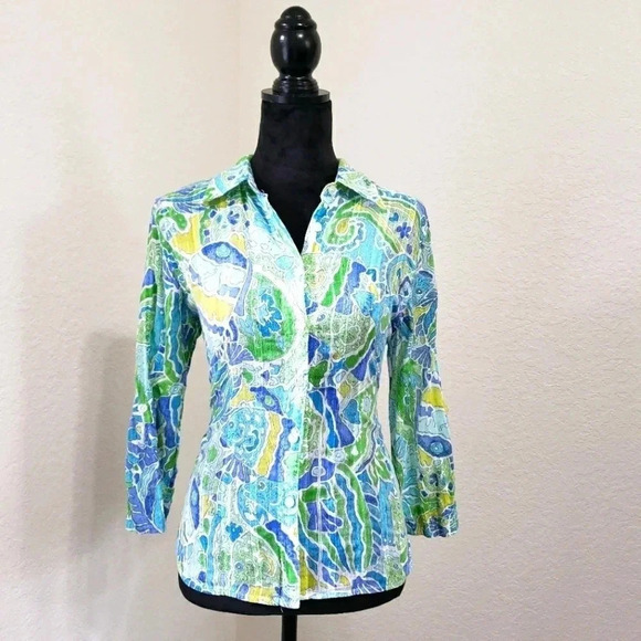 Blouse Size 10 Button Down Top Green Blue Lighweig - Picture 1 of 8